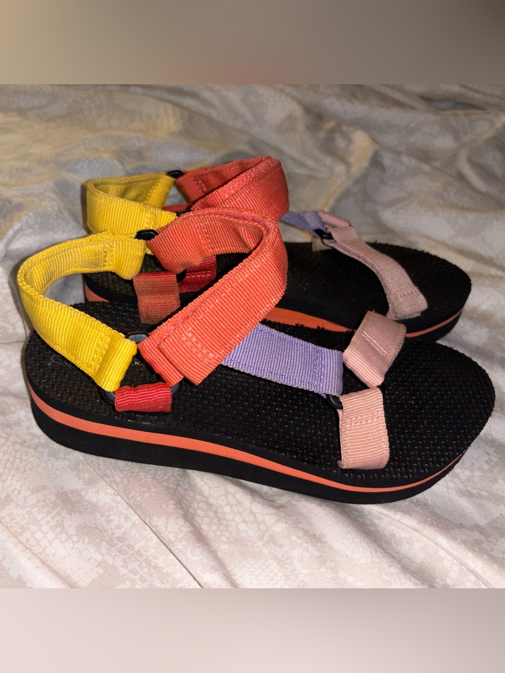 Time and Tru Multicolor Strap Platform Sandals - Yellow, Coral, Lavender, Pink